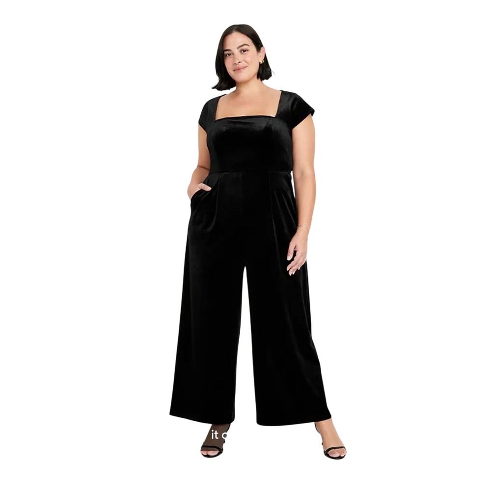 Old Navy Black Velvet Wide Leg Jumpsuit Square Neck Cutout Back Large